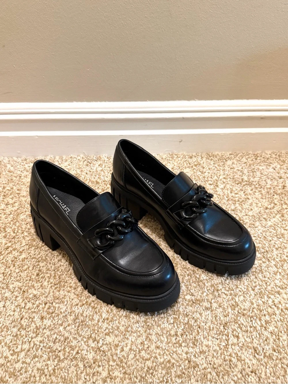 Michael Shannon Black Chunky Emilia Platform Loafers with Chain Detail Size 9
